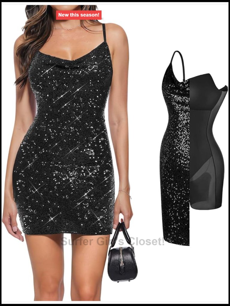 Sequined Mini Shapewear Dress With Cowl Neck Bodycon Sparkly Gown